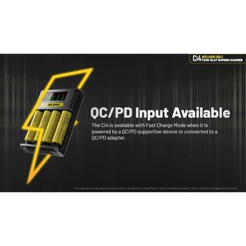 Nitecore Lādētājs CI4 4-slot, USB-C, 3000mA, Li-ion, Ni-MH, Ni-Cd, Uzlādes indikators, Drošības funkcijas (CI4)