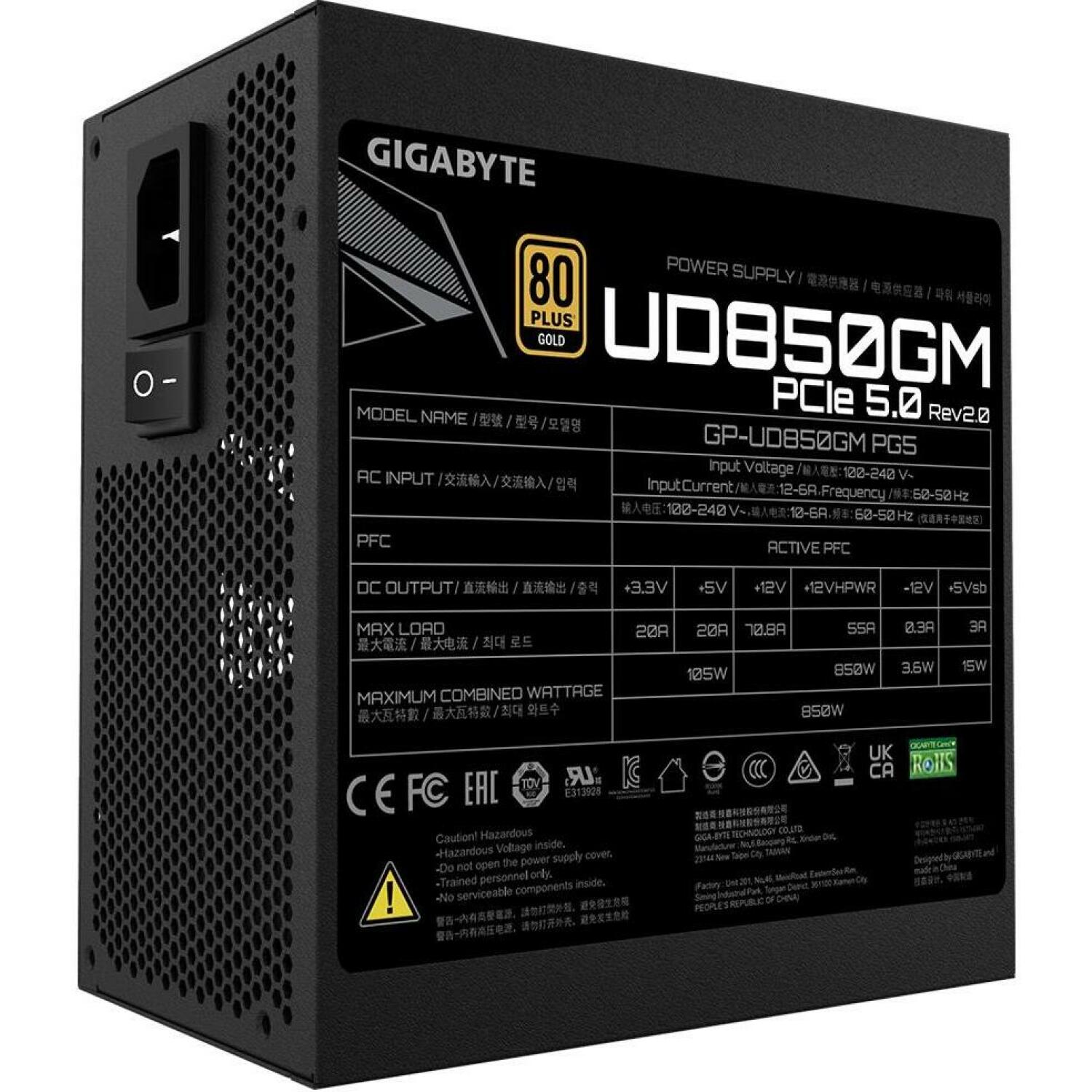 Gigabyte Datora barošanas bloks UD850GM PG5 V2, 850W, 100-240V, 50/60Hz, 80 PLUS Gold, pilnībā modulārs, aktīvā dzesēšana (GP-UD850GM PG5 V2)
