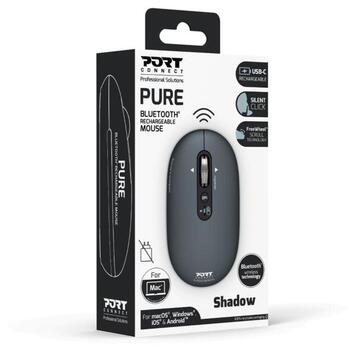 Port Connect PURE MAC 910501, bezvadu optiskā pele, Bluetooth, 1000/1600/2400/3200 DPI, 5 pogas, pelēka (910501)