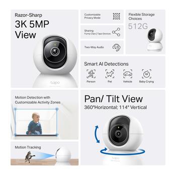 Tp-Link Tapo C230, 3K 5MP, 340°/69° панорамирование/наклон, 40ft ночное видение, двусторонний звук, поддержка microSD до 512GB (TAPO C230)