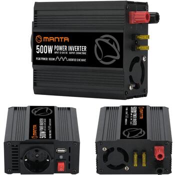 Manta MPI500M инвертор, 500W, 1000W, 12V или 24V на 230V, USB DC 5V 2.1A, модифицированная синусоида, защита (MPI500M)