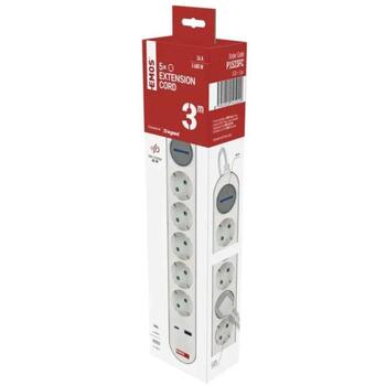 Emos Удлинитель P1523FC, 3 м, 5× 2P + PE, 1× USB-A + 1× USB-C, 3,1 A, 15,5 W, выключатель, защита от детей (P1523FC)