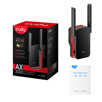 Cudy RE3000 WiFi 6 Mesh репитер, AX3000, 2.4+5GHz, 2402+574Mbps, 1xGigabit, WPS, WPA3, черный (RE3000)