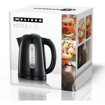 Melissa tējkanna 16130301, 1,7L, 2025W, 230V, melna, aizsardzība pret vārīšanu, ūdens līmeņa indikators, 360° grozāma pamatne (16130301)