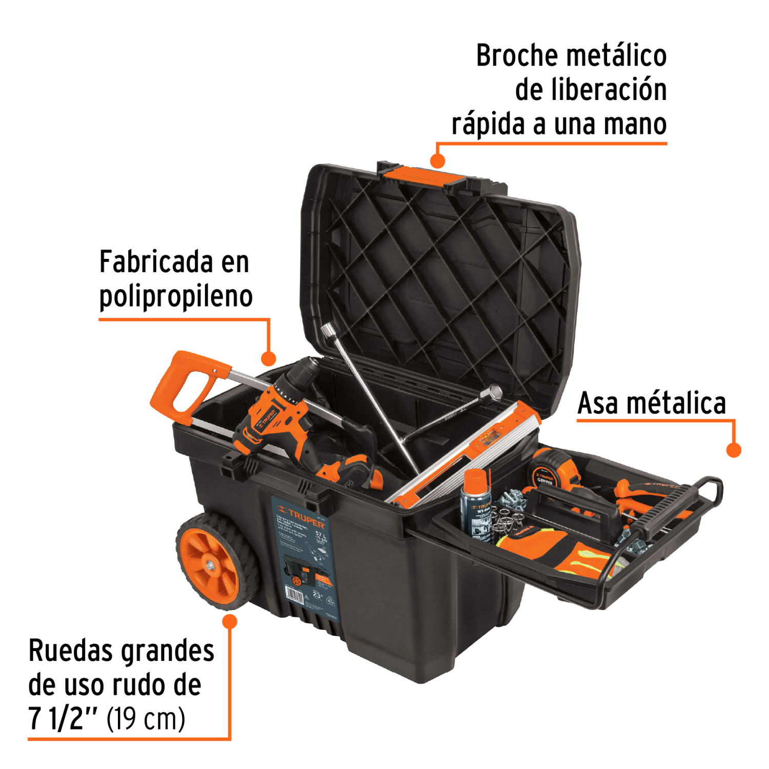 Industriālā plastmasas instrumentu kaste uz riteņiem 57L CHP-23R Truper (CHP-23R)