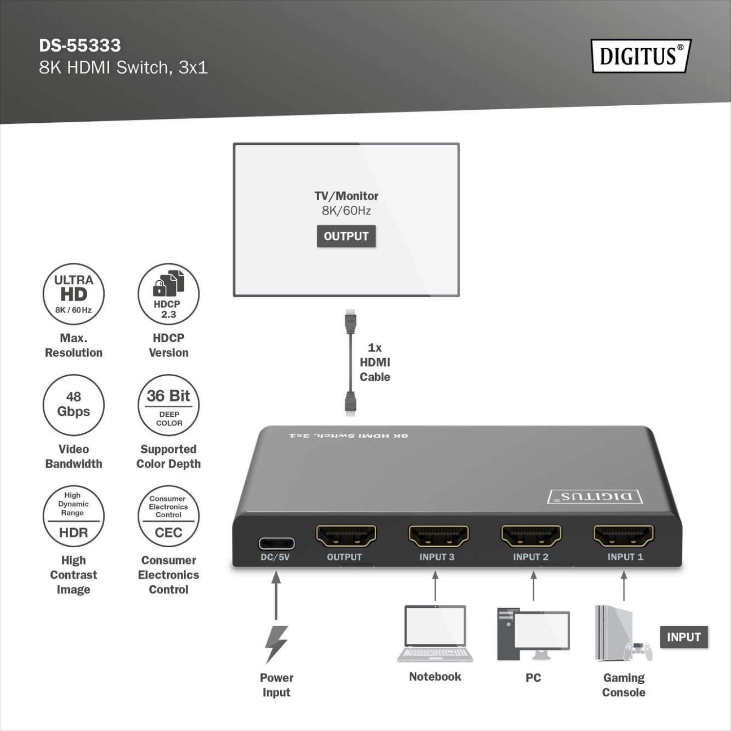 Digitus HDMI коммутатор, 3x1, DS-55333, 4xHDMI, 48Gbps, металлический корпус, поддержка HDR (DS-55333)