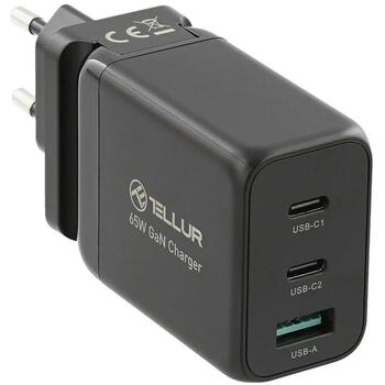 Tellur Зарядное устройство TLL151451, 65W, 2xUSB-C, USB-A, AC 100-240V, 1,5A, 5V/3A, 9V/3A, 12V/3A, 15V/3A, 20V/3,25A, 4,5V/5A (TLL151451)