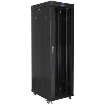 Lanberg Instalācijas skapja statīvs 19 42U 600mm, 800kg, stikla durvis, IP20, 2 ventilatoru vietas, 4 vertikālās sliedes (FF01-6042-12BL)