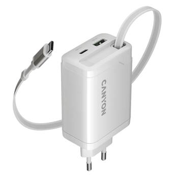 Kompakts sienas lādētājs ar integrētu USB C kabeli 65 W kopējo jaudu 1×PD un 1×QC ātrās uzlādes portu OnCharge 65RC Build In Cable EU Balts CNS-CURC65ACW CANYON (CNS-CURC65ACW)