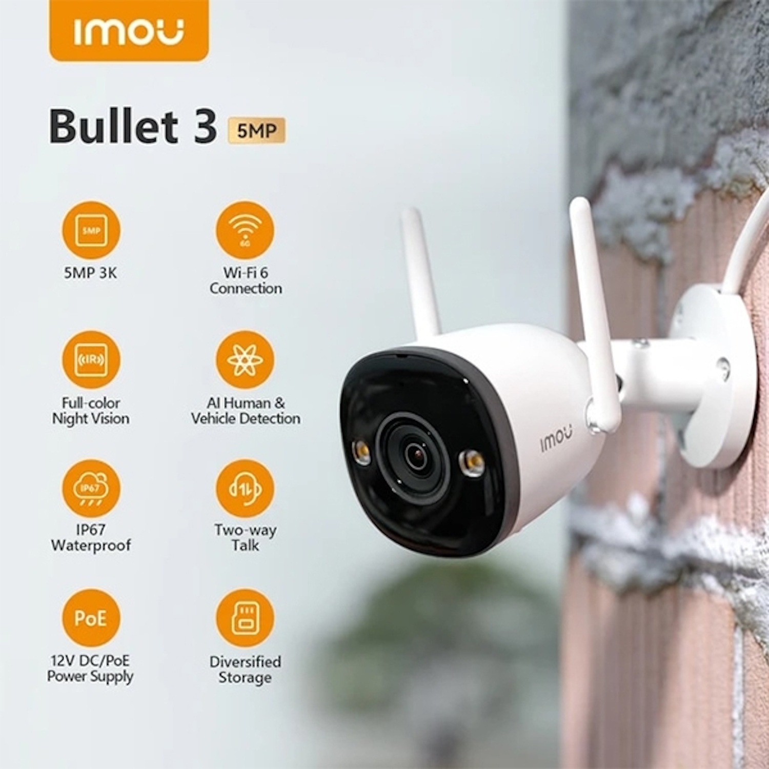 Imou WiFi āra IP kamera Bullet 3 IPC-S3EP-5M0WE 5MP nakts redzamība 30m AI cilvēka noteikšana Balta (IPC-S3EP-5M0WE)