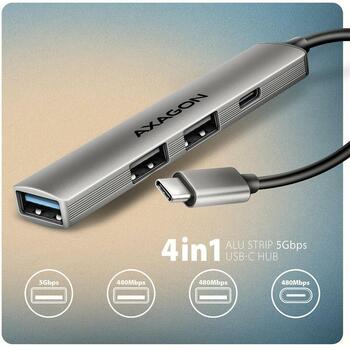 Axagon USB centrmezgls HUE-STC 4 porti, 1× USB-C 480Mbps, 1× USB-A 5Gbps, 2× USB-A 480Mbps, kabelis 12 cm (HUE-STC)