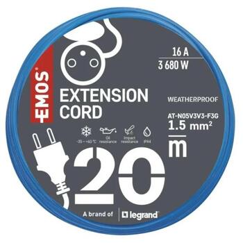 Emos Устойчивый к погодным условиям удлинитель P01520W, 20 м, синий, 250 В, 16 А, 1 розетка, IP44, PVC, защита от детей (P01520W)
