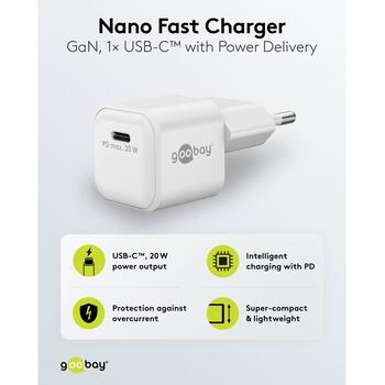 Goobay Зарядное устройство 79151, 20W, USB-C, PD, GaN, быстрая зарядка, белый, евровилка (79151)
