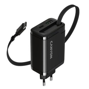 Kompakts sienas lādētājs ar integrētu USB C kabeli 65 W kopējo jaudu 1×PD un 1×QC ātrās uzlādes portu OnCharge 65RC Build In Cable EU Melns CNS-CURC65ACB CANYON (CNS-CURC65ACB)