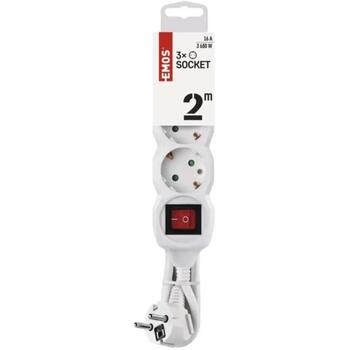 Emos Удлинитель P1322, 2м, 3x2P+PE, выключатель, белый, PVC, 3680W, защита от детей, H05VV-F3G 1mm2 (P1322)