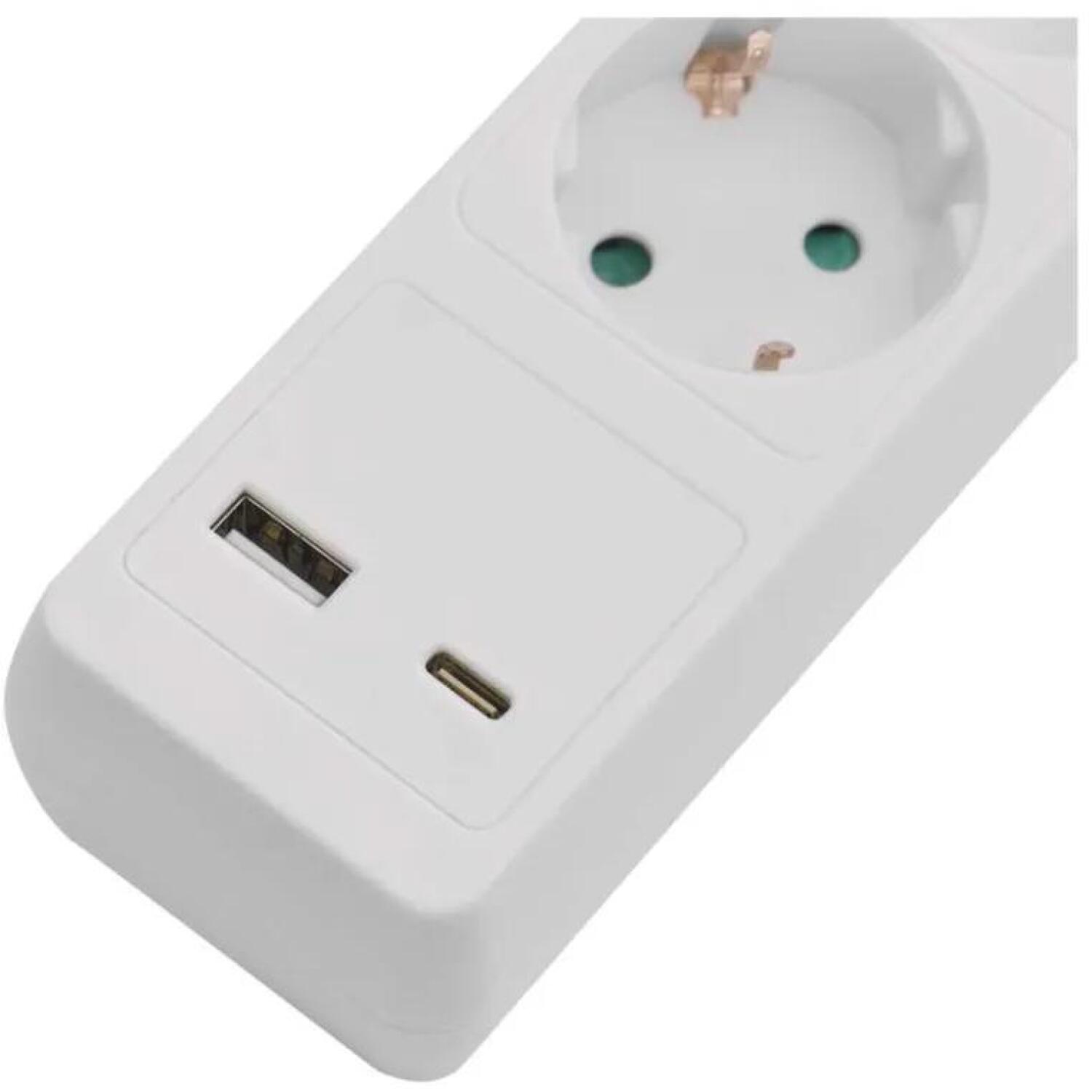 Emos Удлинитель P1322CU, 2м, 3× 2P + PE, 3680W, с выключателем, белый, 1× USB-A, 1× USB-C (P1322CU)
