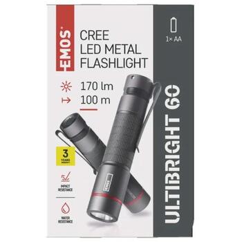 Emos CREE LED металлический фонарик P3160, 170 лм, 1x AA, 47 г, IP65, 100 м, алюминий, зажим, петля (P3160)