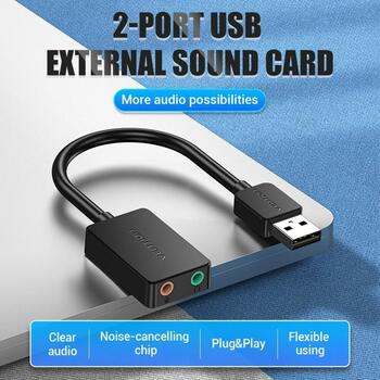 Vention USB 2-портовая внешняя звуковая карта CDYB0 0.15м, 2.1 канала, 16 бит, 3.5 мм, черная (CDYB0)