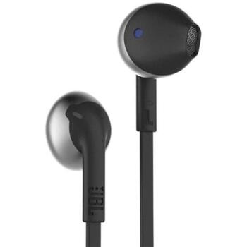Jbl наушники JBLT205BLK, 3,5мм, 12,5мм, 20Hz-20KHz, 14,3г, 1-кнопочное управление с микрофоном, плоский кабель, удобные амбушюры (JBLT205BLK)