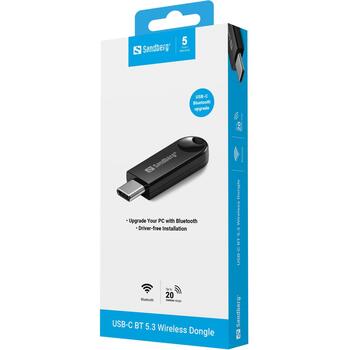 Sandberg USB-C BT 5.3 bezvadu dongle 136-69, 20m, 2.1Mbit/s, USB-C vīriešu, melns (136-69)