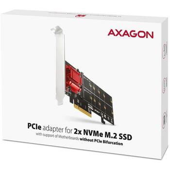 Axagon PCIe 2x NVMe M.2 контроллер PCEM2-ND, 4000 МБ/с, M.2, 2 SSD, RAID, 180 x 64 x 20 мм, крепление в комплекте (PCEM2-ND)