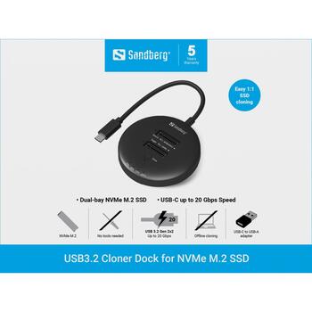 Sandberg Клонирующий док 136-72, USB3.2 Gen2, 20 Gb/s, NVMe M.2, 8 TB, LED индикаторы, функция клонирования (136-72)