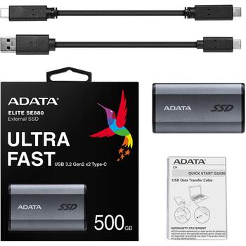 Adata Внешний SSD AELI-SE880-500GCGY 500GB, USB Type-C, 2000MB/s скорость чтения, 2000MB/s скорость записи, серый (AELI-SE880-500GCGY)