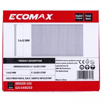 Ecomax apdares naglas EMNA001632GALV&EMX, 32x1,6 mm, 2500 gab., 16GA, elektrocinkotas, 0°, 50 gab./sloksnē (EMNA001632GALV&EMX)