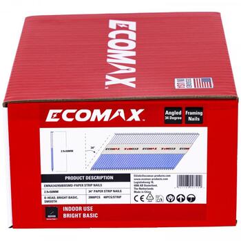 Ecomax гвозди для гвоздезабивного пистолета EMNA342950BBSMD&EMX, 50x2,9мм, 2000 шт, 34°, без покрытия, гладкие, D-образная головка (EMNA342950BBSMD&EMX)