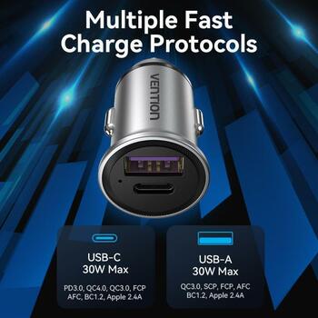 Vention Lādētājs 2-Portu USB A+C FFBH0 12-24V 30W 20V 2x30W ātrā uzlāde, alumīnija korpuss, pelēks (FFBH0)