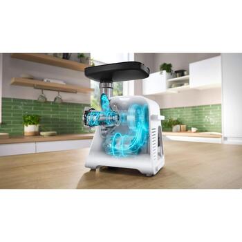 Bosch Gaļas mašīna MFWS607W, 2.1 kW, 3.5 kg/min, 2 ātrumi, metāla asmens, desu pildīšanas uzgalis, uzglabāšana (MFWS607W)