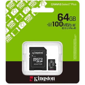 Kingston Canvas Select Plus microSDXC 64GB SDCS3/64GB, 100MB/s, A1, UHS-I, U1, V10, IPX7, SD адаптер (SDCS3/64GB)
