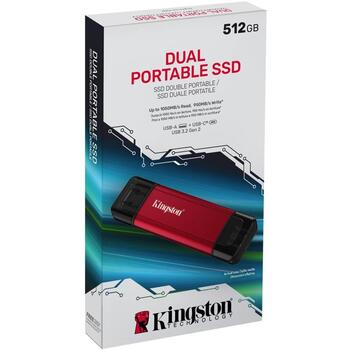 Kingston 512GB Dual USB-A/C Портативный SSD SPSD/512GB, 1050MB/s Чтение, 950MB/s Запись, 3D NAND, USB 3.2 Gen 2 (SPSD/512GB)