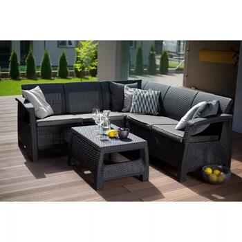 Keter Corfu Relax Set комплект садовой мебели 29202123939, серый, угловой диван 190x190x79см, стол 77x57x42см, имитация ротанга (29202123939)