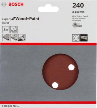 Slīppapīrs,kokam,PEX D=150mm,K240,5 gab., Ekscentra slīpmašīnām, ekscentra slīpmašīnām ar putekļu maisu C430 EXPERT FOR WOOD AND PAINT, 2608605722, BOSCH (2608605722)