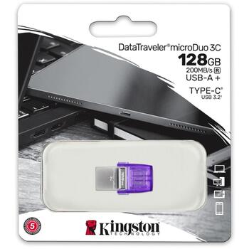 Kingston DataTraveler microDuo 3C DTDUO3CG3/128GB, 128 ГБ, 200 МБ/с, USB Type-A, USB Type-C, Фиолетовый, Вращающаяся крышка (DTDUO3CG3/128GB)
