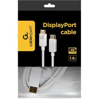 Gembird кабель DisplayPort CC-DP2-6-W 1.8 м, 4K UHD 60 Гц, 8 аудиоканалов, белый, прямой разъем (CC-DP2-6-W)