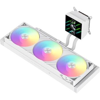 Gamemax procesora šķidruma dzesētājs GLACIER 360 LCD WH, 85.82 cfm, TDP līdz 330W, ARGB ventilators, 800-2000 rpm (GLACIER 360 LCD WH)