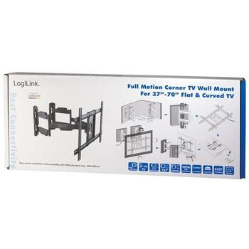 Logilink BP0047 televizora stūra sienas stiprinājums, 37-70 collas, 45 kg, VESA 600x400 mm, noliece -8/+5°, pagrieziens -90/+90° (BP0047)