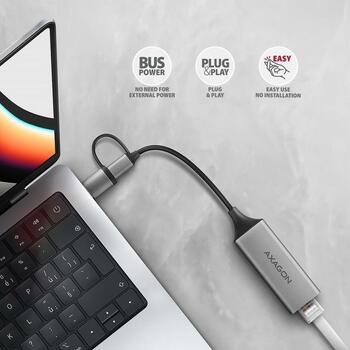 Axagon сетевой адаптер ADE-TXCA, 1 x RJ-45, 10/100/1000 Mbit/s, USB 3.2 Gen 1, ASIX AX88179, адаптер питания, серый (ADE-TXCA)
