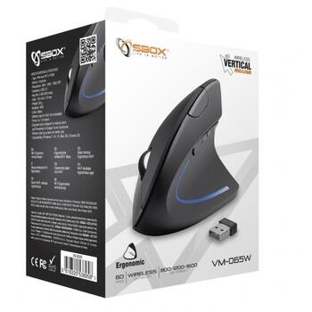 Sbox VM-065W vertikālā pele, VM-065, USB 2.0, RF 2.4 GHz, optiskais sensors, 800/1200/1600 DPI, 6 pogas, 2xAAA, melna (VM-065)