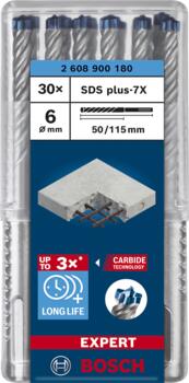 Triecienurbis SDS plus-7X 6x50x115mm, 30 gab., Perforatora urbjiem EXPERT SDS PLUS-7X TRIECIENURBIS PERFORATORIEM, 2608900180, BOSCH (2608900180)