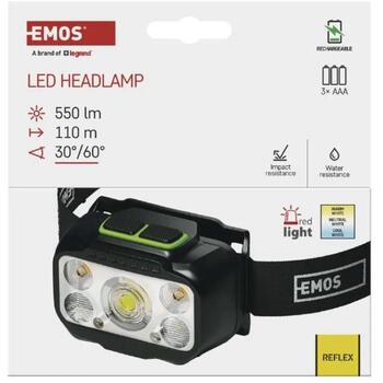 Emos LED uzlādējams galvas lukturis P3546, 550 lm, 110 m, Li-Pol 1000 mAh, 7 režīmi, USB-C, IP45 (P3546)