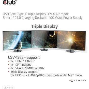 Club3D dokstacija CSV-1565 100W, 1x HDMI 4K60Hz, 1x DP 4K60Hz, 1x VGA 1920x1080@60Hz, 2x USB-C, 5x USB-A, 1x RJ-45, audio ports (CSV-1565)