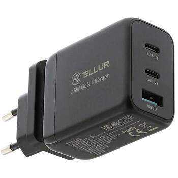 Tellur Зарядное устройство TLL151451, 65W, 2xUSB-C, USB-A, AC 100-240V, 1,5A, 5V/3A, 9V/3A, 12V/3A, 15V/3A, 20V/3,25A, 4,5V/5A (TLL151451)