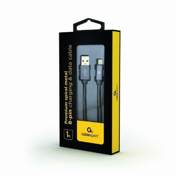 Gembird kabelis Lightning uz USB 1m CC-USB2S-AMLM-1M-BG pelēks, 8-pins, datu pārsūtīšanai un uzlādēšanai (CC-USB2S-AMLM-1M-BG)