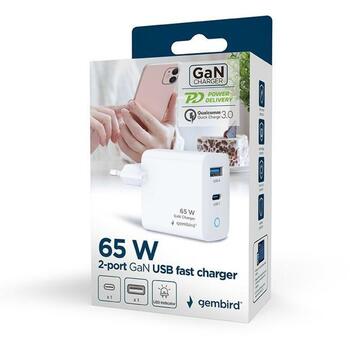 Gembird Зарядное устройство TA-UC-PDQC65L-W-01 65 Вт, 2 порта, 1 Type-C, 1 Type-A, GaN, Индикатор зарядки, Универсальное (TA-UC-PDQC65L-W-01)
