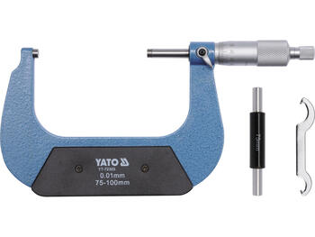 Yato Микрометр YT-72303, 75-100 мм, ±0.01 мм, DIN 863, углеродистая сталь, алюминий, ПВХ, метрическая шкала, 5-40 °C (YT-72303)