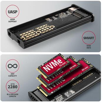 Axagon корпус SSD EEM2-SD2 USB-C 10Gbps, M.2 NVMe/SATA, металлический, 96 x 42 x 12 мм (EEM2-SD2)