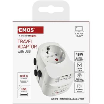 Emos P0056U дорожный адаптер, 1×USB-C PD 45W, 1×USB-A QC 3.0, 100-250V, 7A, белый (P0056U)